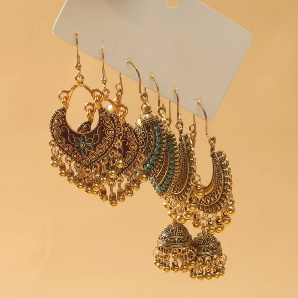 NWT 3 peice antique gold jhumka set/ 3 peice hoop earrings/ Indian jewelry - Picture 3 of 3